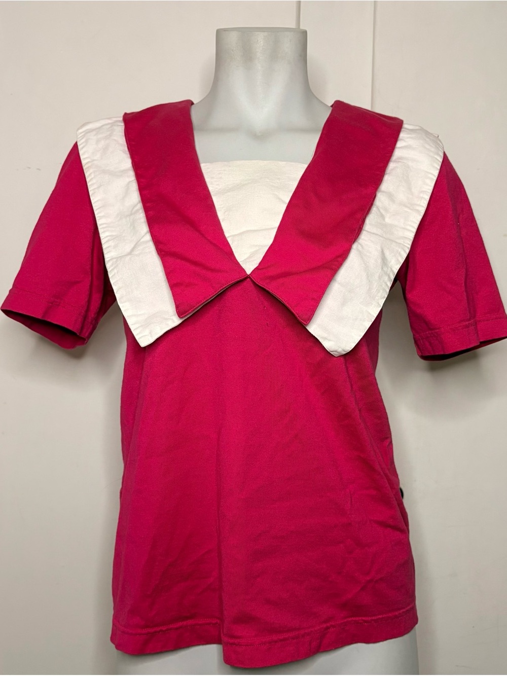 Vintage 80s Hot Pink Nautical Sailor Collar Short Sleeve T Shirt Blouse